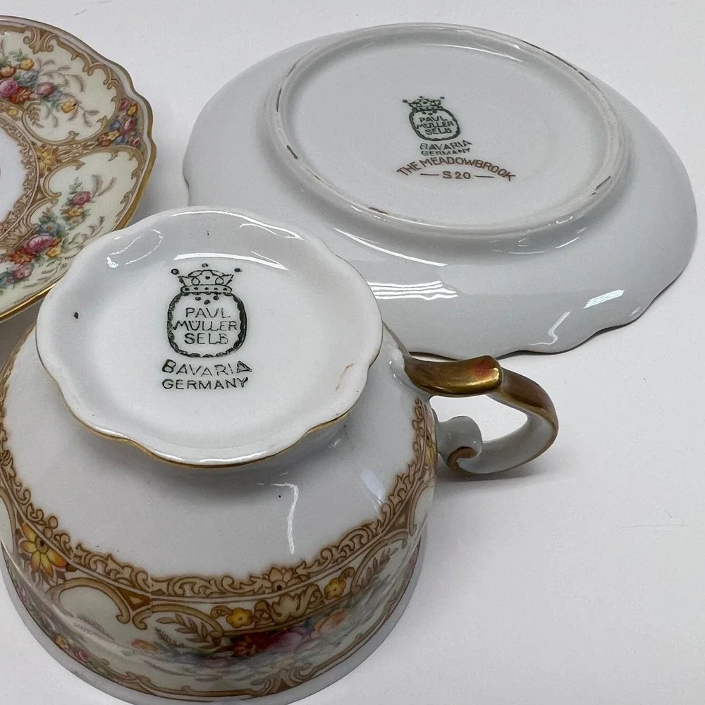 Paul Muller Selb‎ Bavaria Meadowbrook Two Tea Cup Saucer Sets Floral Gold Trim